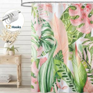 Dznils Tropical Leaf Shower Curtain, Boho Green Palm Leaves Bathroom Shower Curtains, Waterproof Fabric Machine Washable with 12 Hooks, 72" x 72"