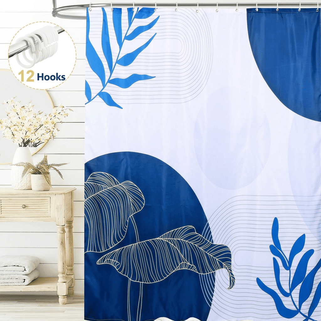 Dznils Boho Shower Curtain with Hooks, Modern Abstract Fabric Bathroom Curtain, 72" x 72", Blue
