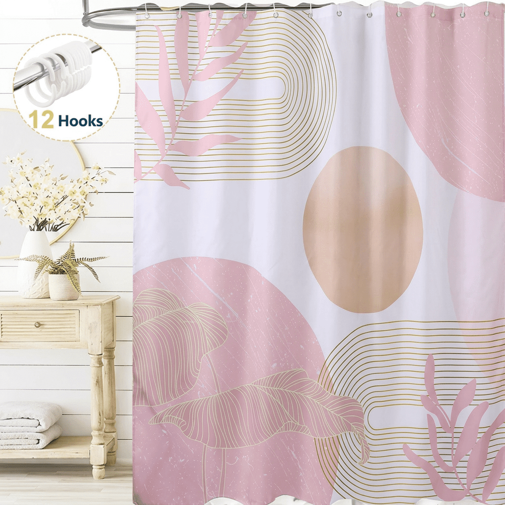Dznils Boho Shower Curtain with Hooks, Modern Abstract Fabric Bathroom Curtain, 72" x 72", Pink