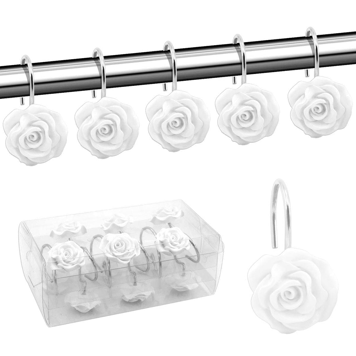 Dznils Rose Shower Curtain Hooks Rings, Rustproof Bathroom Metal Shower Hooks, Set of 12, White