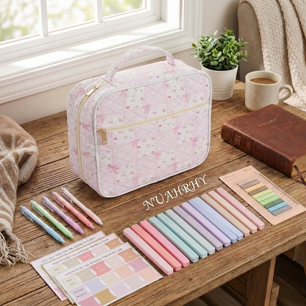 NUAHRHY Bible Cover Case for Women, Large Quilted Bible Carrying Case with Handle, Bible Study Supplies Kit with 5 Ballpoint Pens, 12 Bible Highlighters&75 Bookmarks and 200 Labels