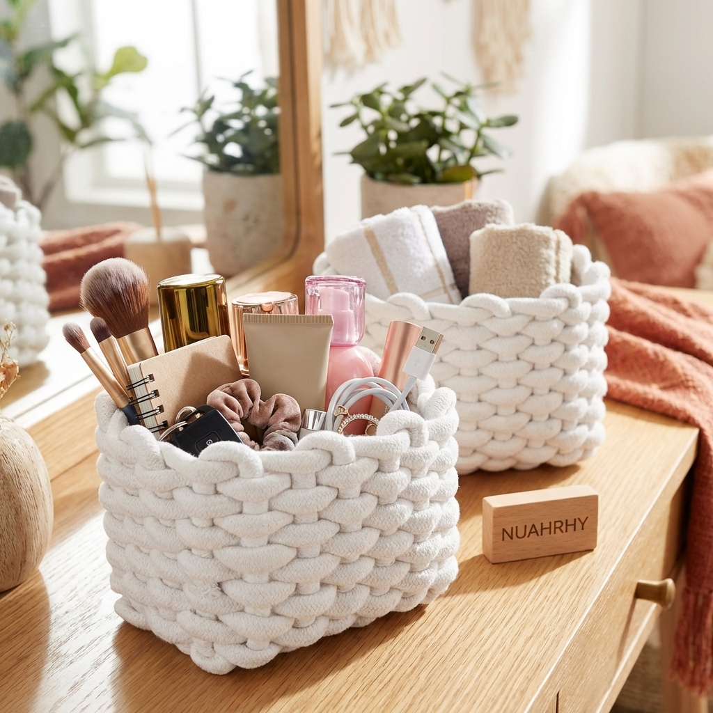 NUAHRHY 2Pcs Small Storage Square Basket, Cute Bedside Caddy for Little Items, Cotton Rope Woven Basket for Shelves, Bathroom, Dresser Top, Desk, Minimalist Chic Designed
