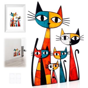 NUAHRHY Metal Cat Wall Art Decor, Minimalist Cat Silhouette Wall Hanging Room Decor, Colorful Cartoon Cat Sculpture Artwork Including Stickers 15.75x12.8 inch Frameless