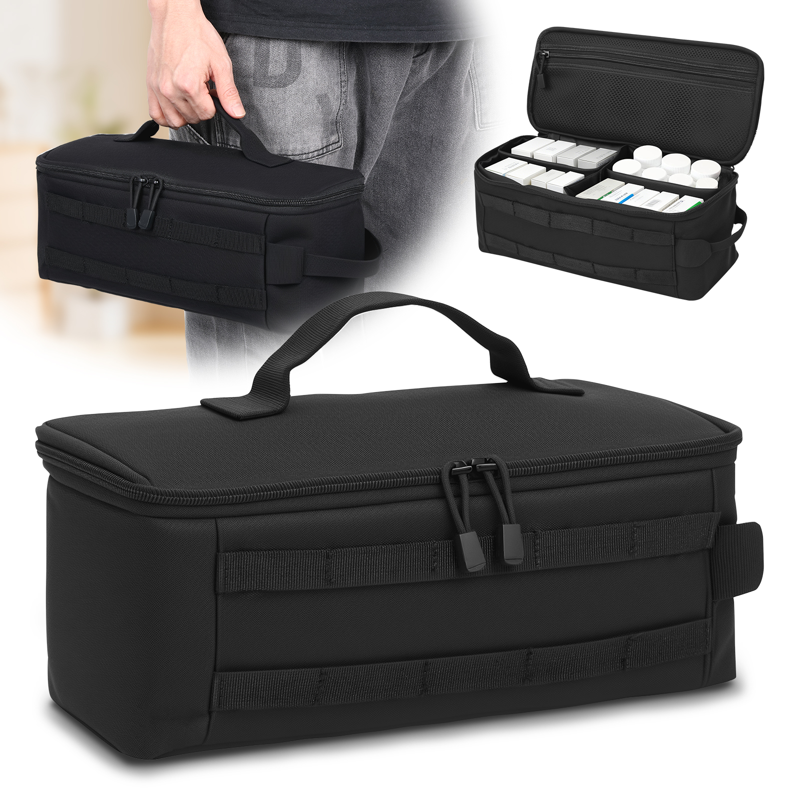 NUAHRHY First Aid Bag, Zippered Medicine Storage Bag, Pill Bottle Organizer with Inner Dividers, Emergency Trauma Kit Organizer Bag for Campervan, Taxi, Private Car, Boat, Patrol Vehicle