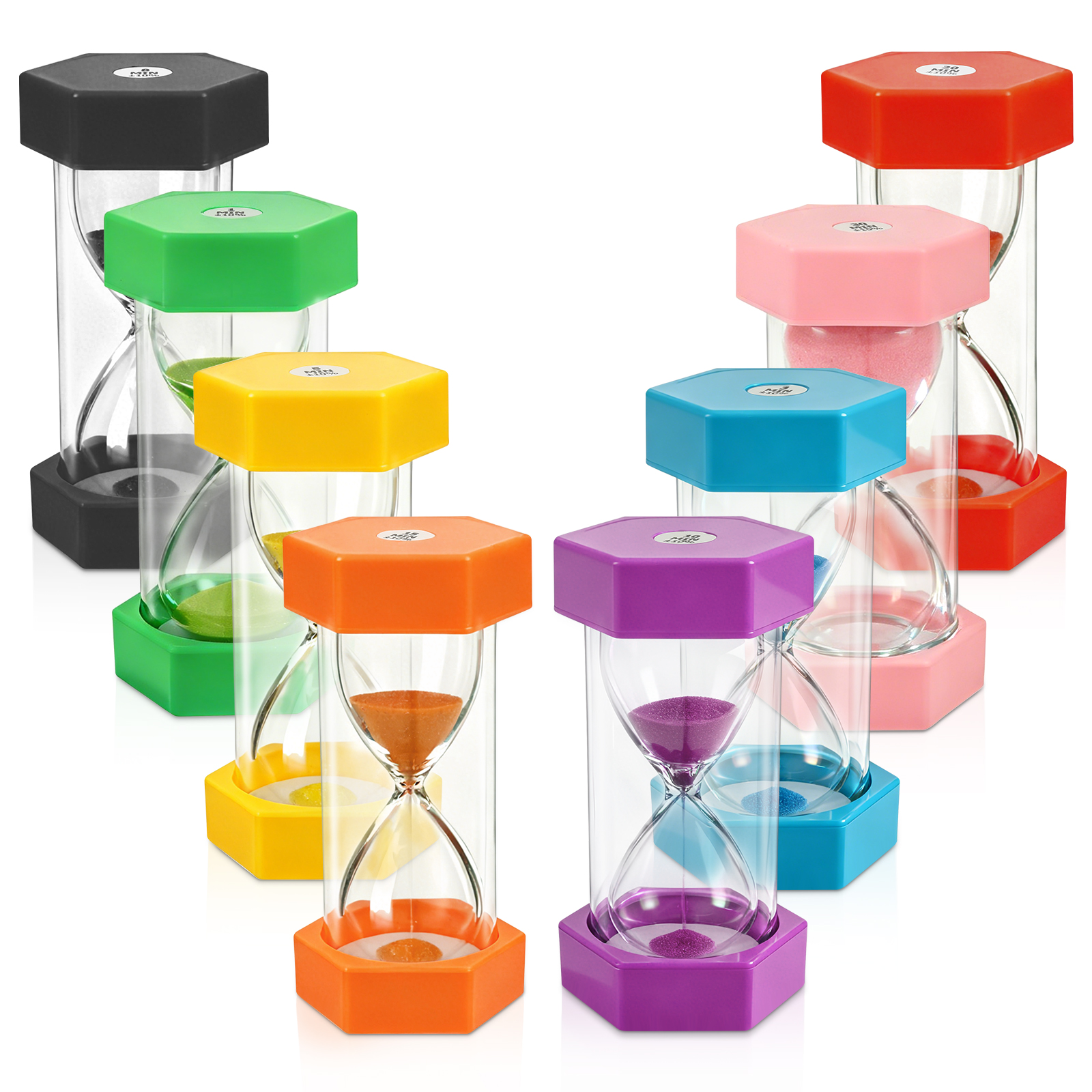 NUAHRHY 8 Pcs Colorful Hourglass, 1/3/5/8/10/15/20/30 Minutes Visual Sandglass Timer, Kitchen Timer Set, Sand Clock Timers for Classroom Home Kitchen Office Games Decoration