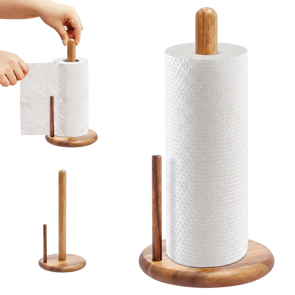 FUYGRCJ 12.6 inch Wooden Paper Towel Holder for Kitchen Countertop, Acacia Wood Paper Rolls Holder, Free Standing Towel Roll Organizer for Countertop Farmhouse Living Room Table