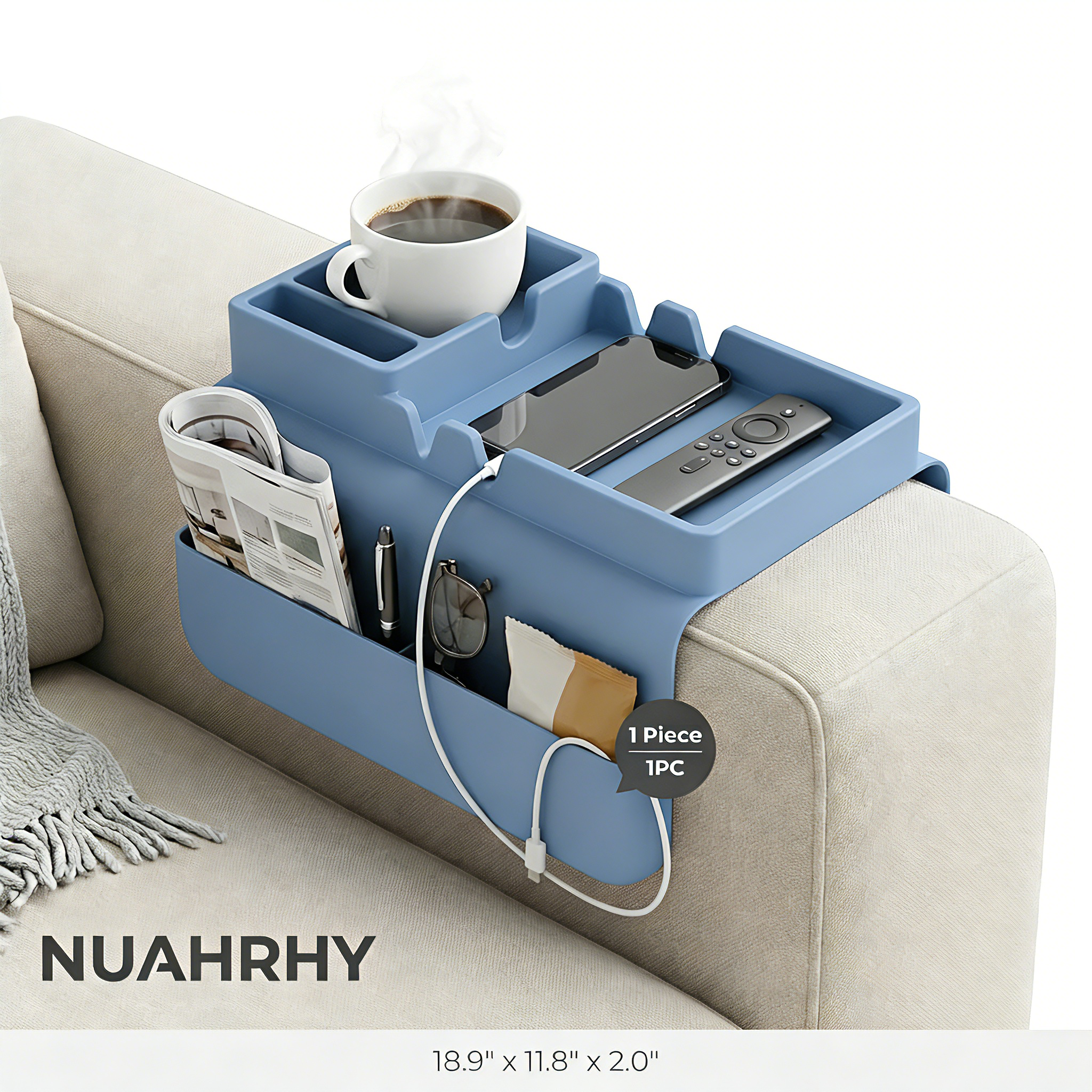 NUAHRHY Couch Cup Holder, Couch Arm Tray, Silicone Sofa Armrest Tray with Dual Side Pocket, Anti-Spill Chair Recliner Organizer for Cellphone Remote Control Snack iPad
