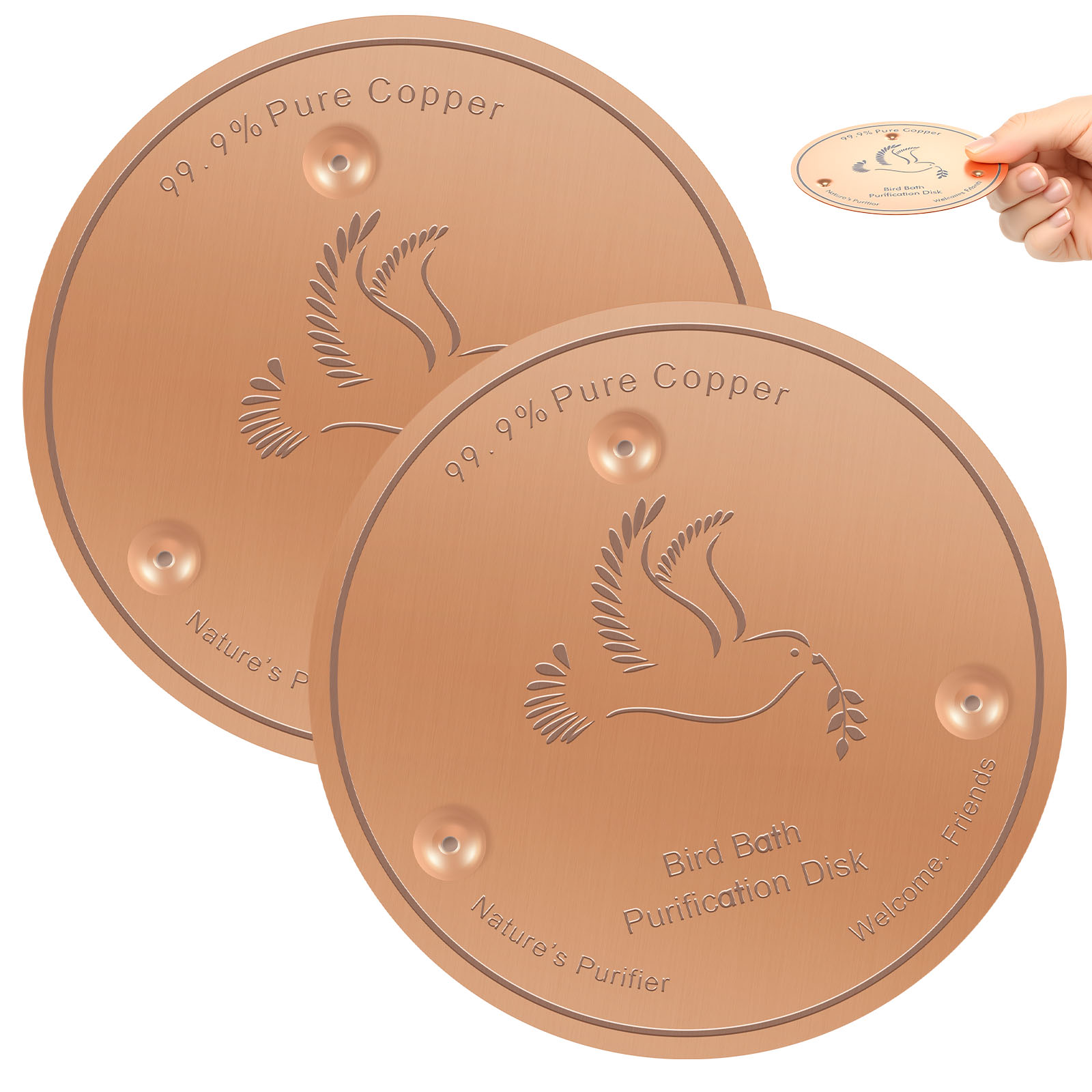 2 Pack Bird Bath Copper Discs,99.9% Pure Copper Cleaner with Point Support for Clean Water,Universal Fit for Outdoor Birdbaths,Bowl,Bird Bath Solar,All-Season Use