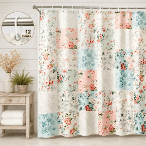 Dznils Floral Shower Curtain with Hooks, Farmhouse Patchwork Fabric Bathroom Curtain, Blue Pink Floral, 72" x 72"