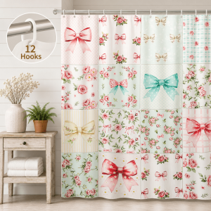 Dznils Floral Shower Curtain with Hooks, Farmhouse Patchwork Fabric Bathroom Curtain, Pink Bow Floral, 72" x 72"