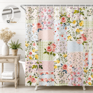 Dznils Floral Shower Curtain with Hooks, Farmhouse Patchwork Fabric Bathroom Curtain, Green Yellow Floral, 72" x 72"