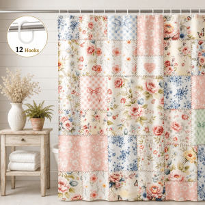 Dznils Floral Shower Curtain with Hooks, Farmhouse Patchwork Fabric Bathroom Curtain, Multi Floral Blue, 72" x 72"