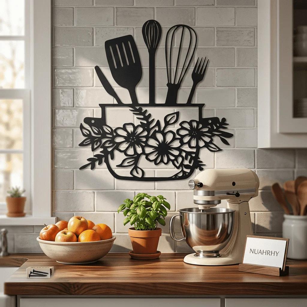 Metal Kitchen Wall Decor, Modern Farmhouse Line Art Hanging Sign, Black Minimalist Cookware Artwork for Dining Room, 11x10.6 Inch, by NUAHRHY