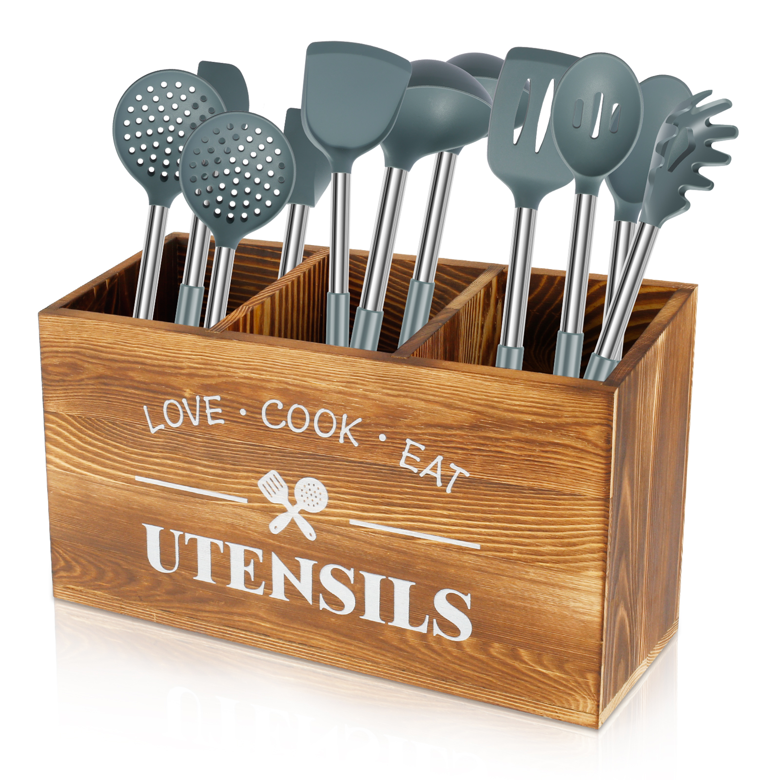 AEVXKHI Wooden Kitchen Utensil Holder 3 Compartments Large Kitchen Utensil Caddy Organizer Sturdy Silverware Holder Farmhouse Wood Cooking Utensil Stand for Kitchen Countertop Farmhouse
