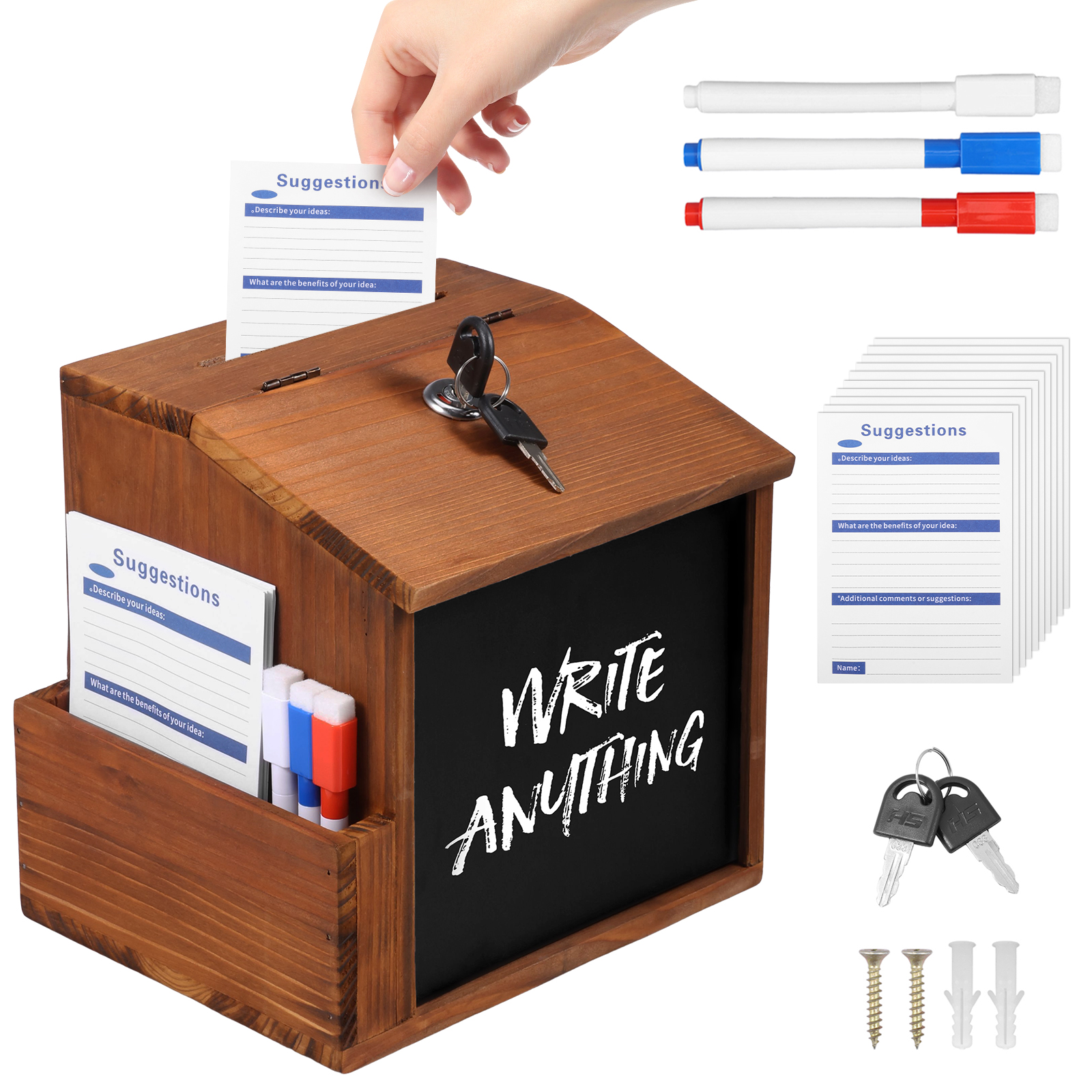 Wooden Suggestion Box, Wood Donation Box with Slot and Lock, Prayer Ballot Secure Comment Box, Tip Money Drop Box with 10 Suggestion Cards and 3 Erasable Pens for Wedding, Church & Classroom