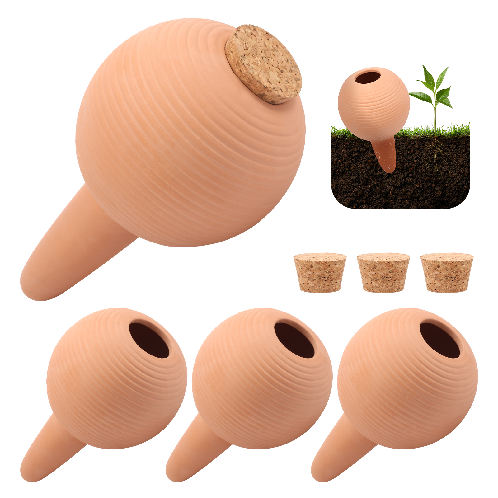 4 Pack Plant Self Watering Globes, 14.5 oz Terracotta Self Watering Spikes, Slow Release Clay Watering Pots, Automatic Watering Planter Insert Bulbs with Cork Stoppers for Indoor Outdoor Plants