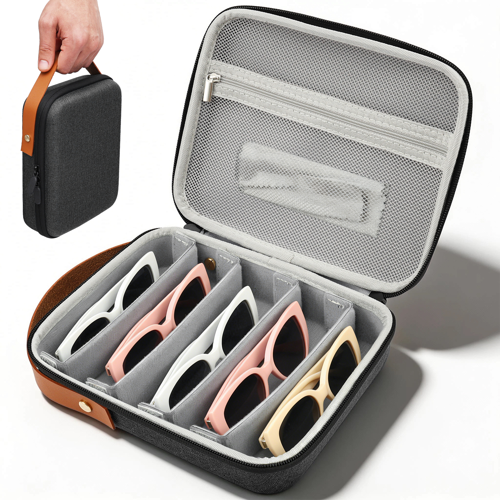 FUYGRCJ 5 Slots Travel Sunglasses Organizer Case, Eyeglasses Storage Bag, Glasses Eye Wear Holder, Glasses Case Box, Multiple Pairs Sunglass Storage with Adjustable Slots, Eyewear Display Case