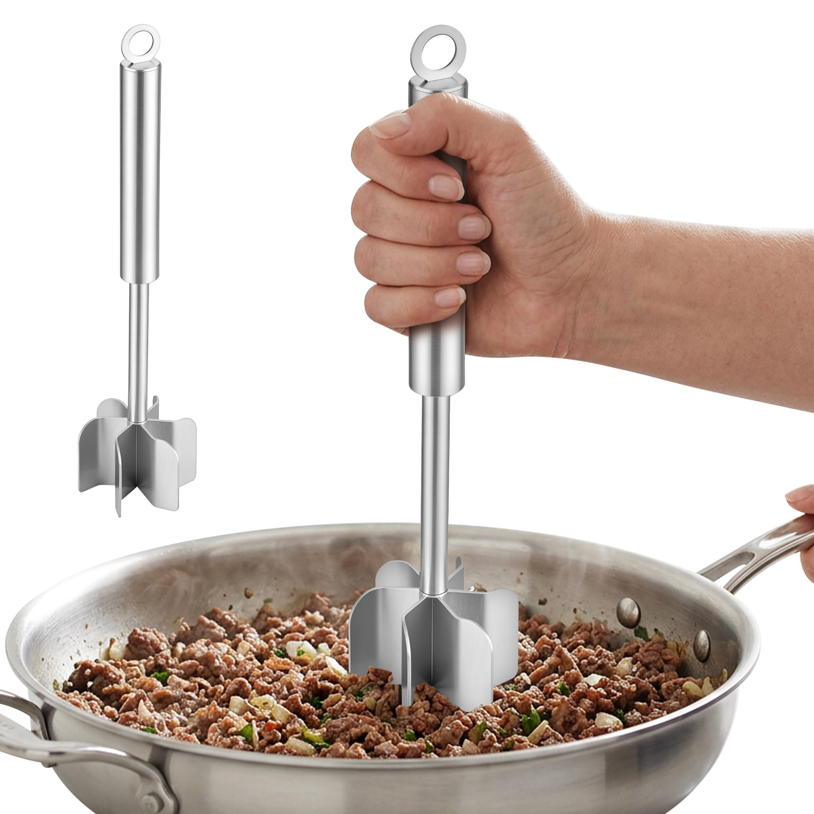 FUYGRCJ 304 Stainless Steel Meat Masher, 10 Inch Ground Beef Chopper Tool, 6 Curve Blades Chicken Shredder, Potato Masher, Hamburger Smasher Tool, Heavy Duty Food Grade Mixer Utensil for Meal Prep