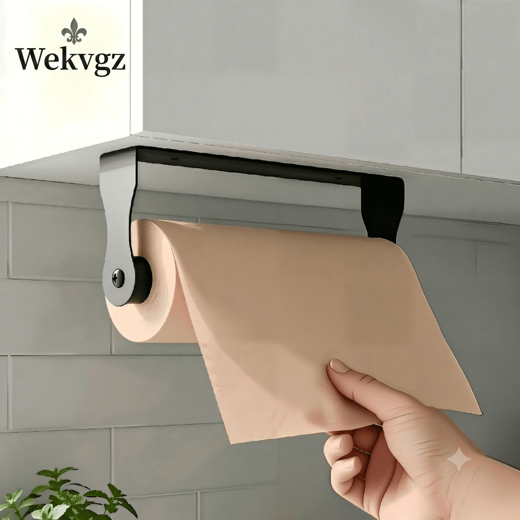 Under Cabinet Paper Toilet Towel Holder, Wekvgz Stainless Steel Wall Mount Rack, Adhesive or Drilling Installation, Black