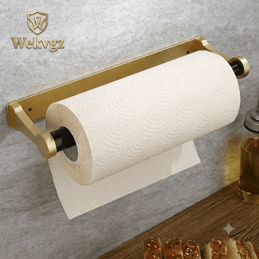 Under Cabinet Toilet Paper Towel Holder, Heavy Duty Stainless Steel Wall Mount Rack, Fits Jumbo Rolls, Adhesive or Screw Installation, Gold