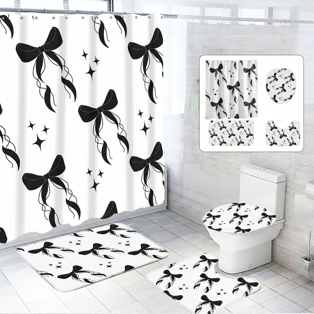 Dznils Black Bow Shower Curtain and Rug Sets, 16pc Modern Fabric Bathroom Curtain Sets, 72" x 72"