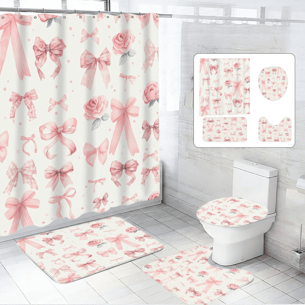 Dznils Pink Bow Shower Curtain and Rug Sets, 16pc Modern Fabric Bathroom Curtain Sets, 72" x 72"