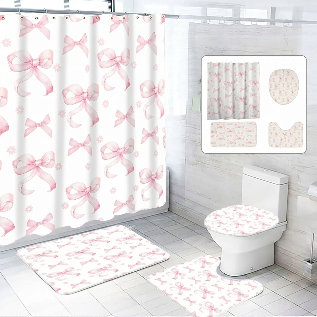 Dznils Pink Bow Shower Curtain and Rug Sets, 16pc Modern Fabric Bathroom Curtain Sets, 72" x 72"