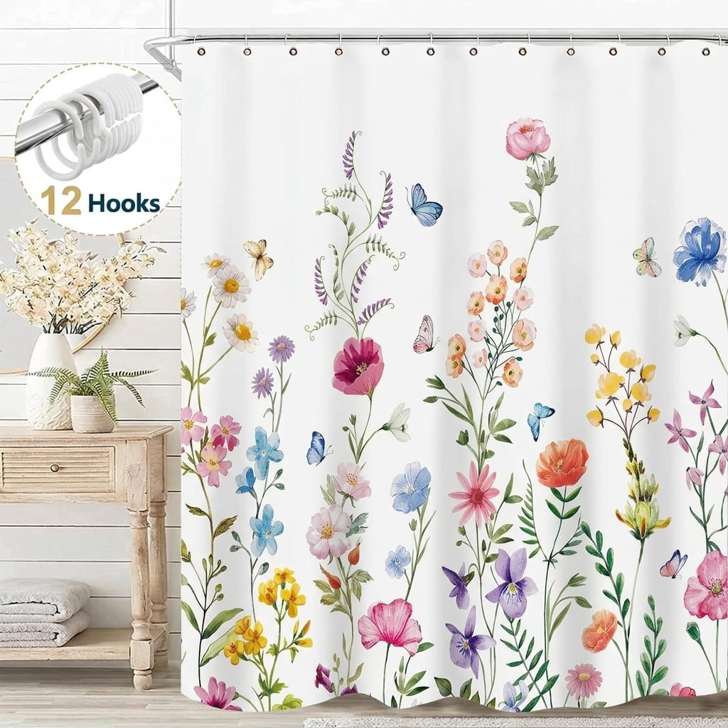 Dznils White Floral Fabric Shower Curtain, Watercolor Floral Bathroom Curtain with Hooks, Pink, 72" x 72"