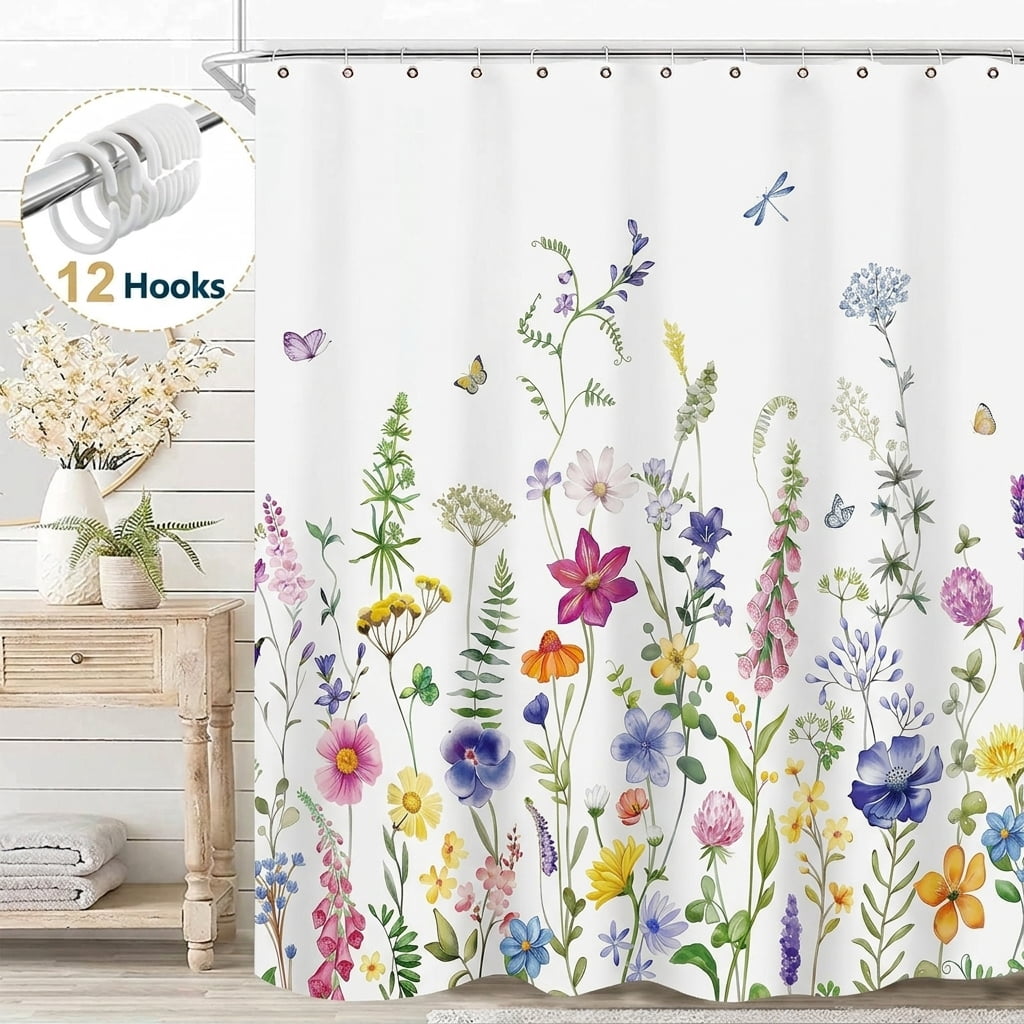 Dznils White Floral Fabric Shower Curtain, Watercolor Floral Bathroom Curtain with Hooks, Pink, 72" x 72"