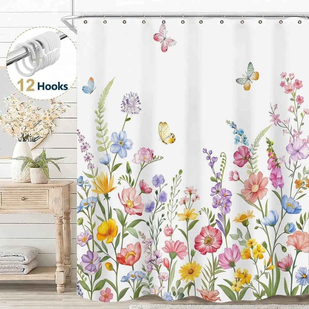 Dznils White Floral Fabric Shower Curtain, Watercolor Bathroom Curtain with Hooks, Pink, 72" x 72"