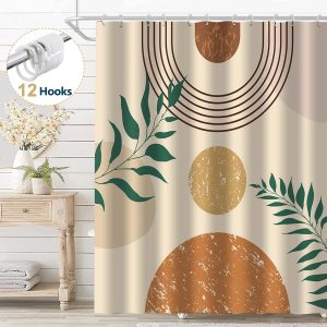 Dznils Boho Polyester Shower Curtain, Modern Neutral Geometric with 12 Hooks, 72" x 72", Beige