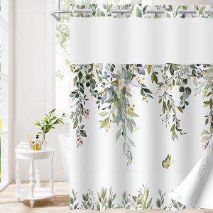 Dznils White No Hook Fabric Shower Curtain with Snap-in Liner, 72" x 74", Green Floral Patterned