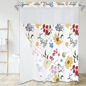Dznils White No Hook Fabric Shower Curtain with Snap-in Liner, 72" x 74", Red Floral Patterned