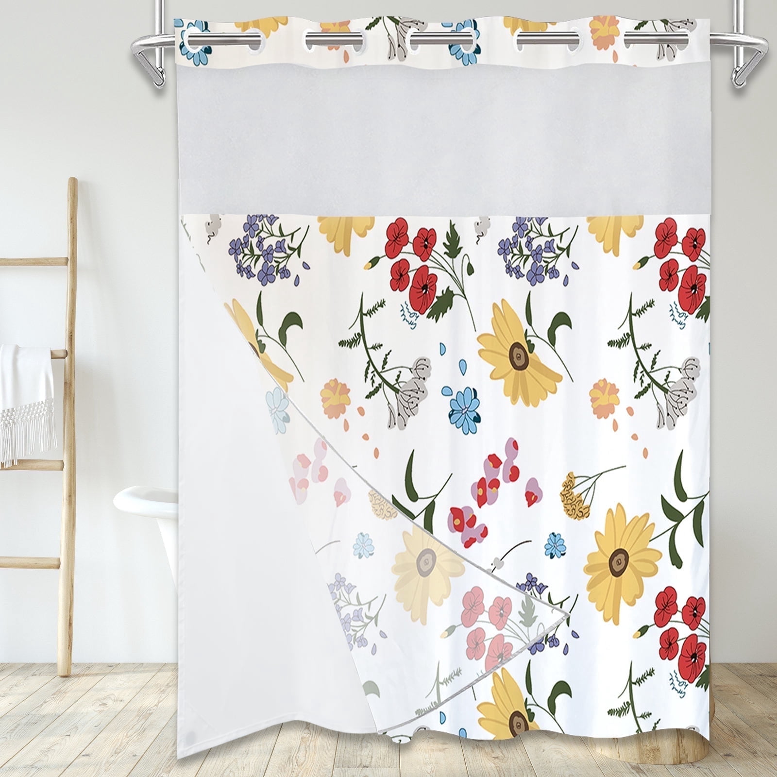 Dznils White No Hook Fabric Shower Curtain with Snap-in Liner, 72" x 74", Red Floral Patterned
