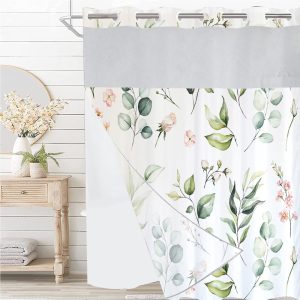 Dznils No Hook Shower Curtain with Snap-in Liner, Green Eucalyptus Fabric Bathroom Curtain, 72 x 74