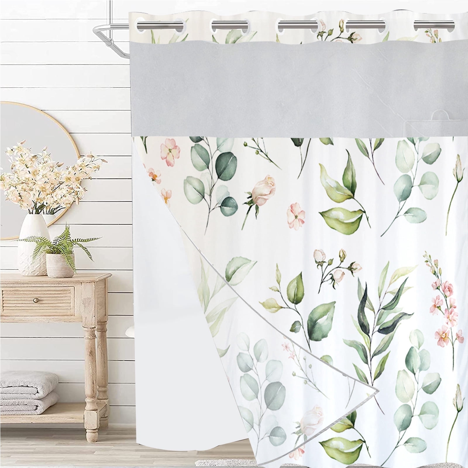 Dznils No Hook Shower Curtain with Snap-in Liner, Green Eucalyptus Fabric Bathroom Curtain, 72 x 74