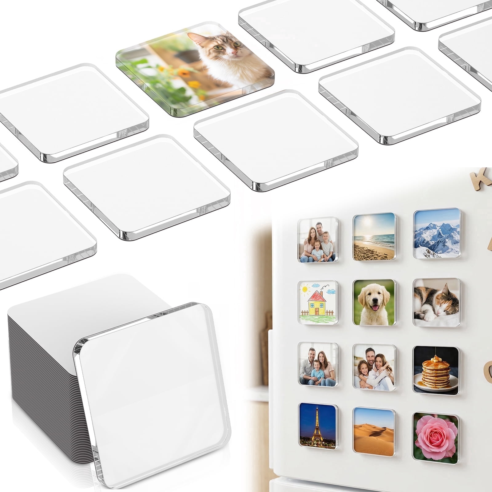 Keyohome 20 Pcs DIY Fridge Magnet Kit,Square Clear Acrylic Magnetic Set with Adhesive Backing for Photo,Crafts,Office,Classroom,Cabinets,Kitchen,1.97"