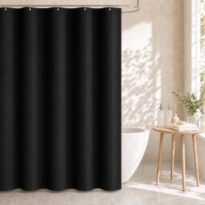 Dznils Waffle Shower Curtain with Hooks, Thick Weighted Fabric Bathroom Curtain, Black, 72" x 72"