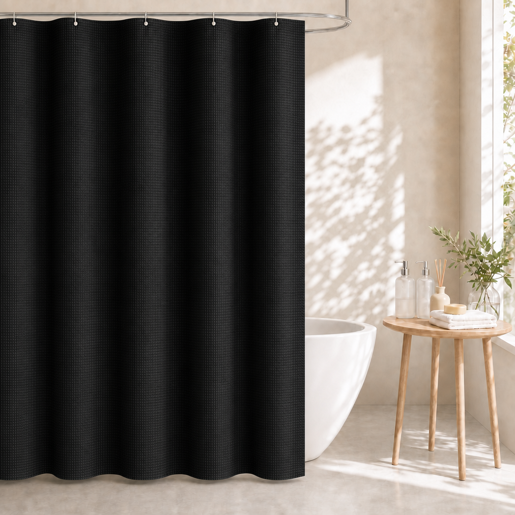 Dznils Waffle Shower Curtain with Hooks, Thick Weighted Fabric Bathroom Curtain, Black, 72" x 72"