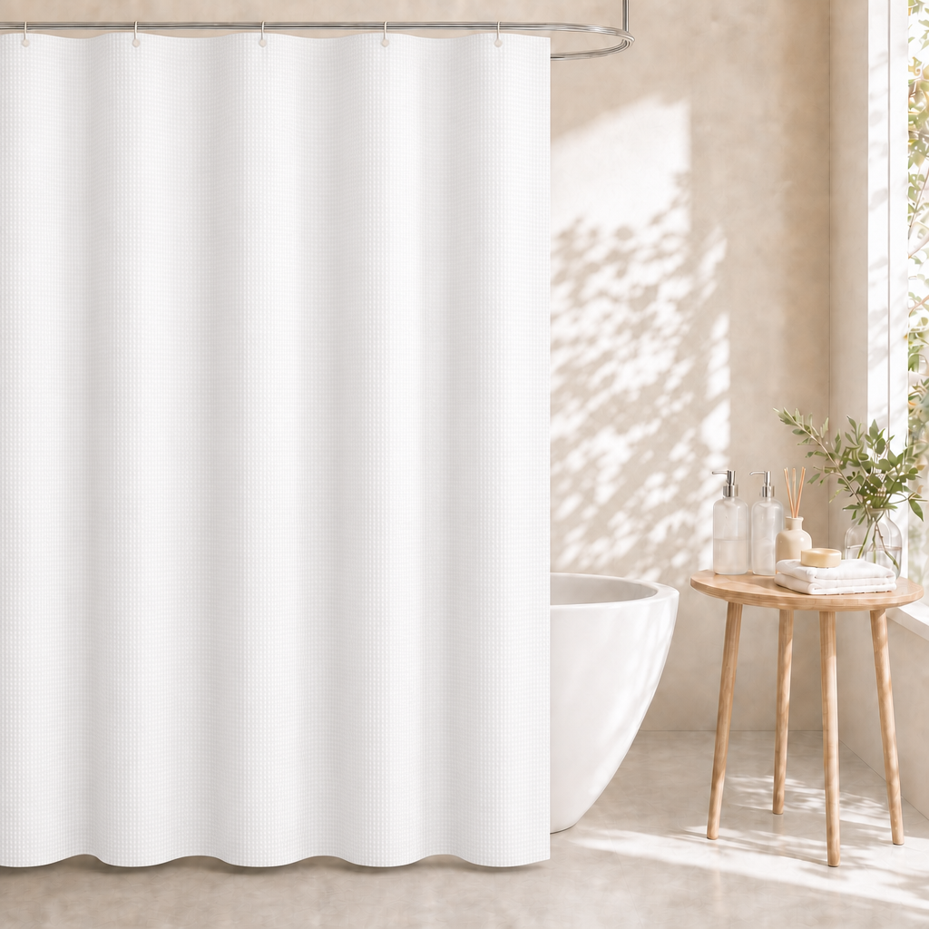 Dznils Waffle Shower Curtain with Hooks, Thick Weighted Fabric Bathroom Curtain, White, 72" x 72"