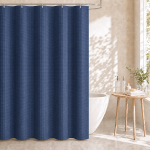 Dznils Waffle Shower Curtain with Hooks, Thick Weighted Fabric Bathroom Curtain, Navy Blue, 72" x 72"