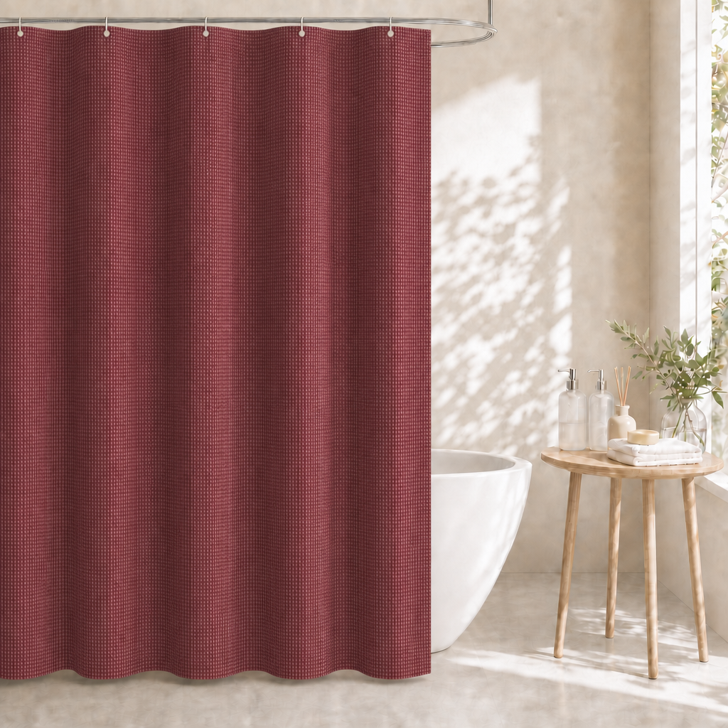 Dznils Waffle Shower Curtain with Hooks, Thick Weighted Fabric Bathroom Curtain, Burgundy Red, 72" x 72"