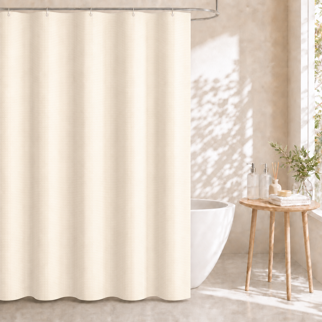 Dznils Waffle Shower Curtain with Hooks, Thick Weighted Fabric Bathroom Curtain, Ivory, 72" x 72"