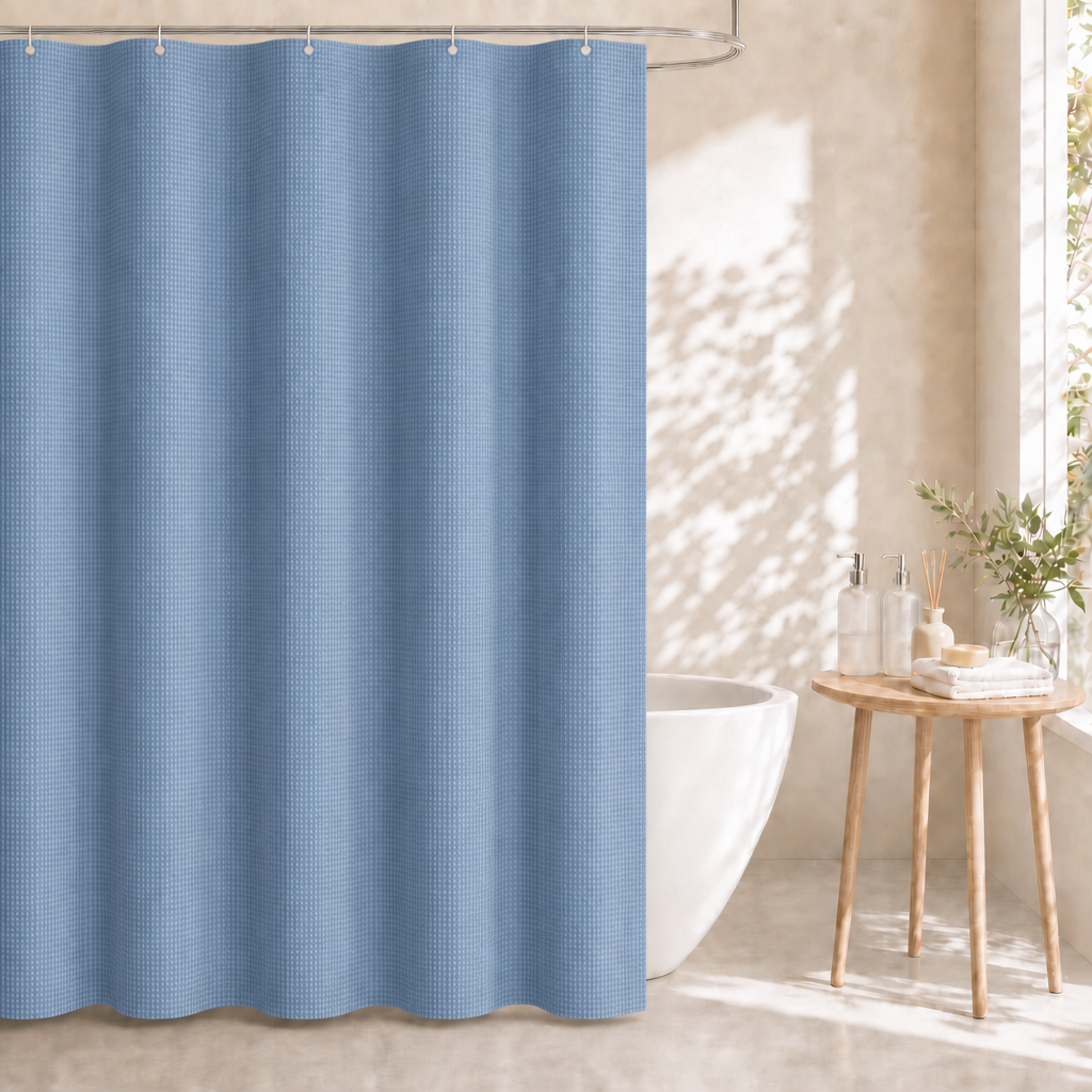 Dznils Waffle Shower Curtain with Hooks, Thick Weighted Fabric Bathroom Curtain, Moonlight Blue, 72" x 72"