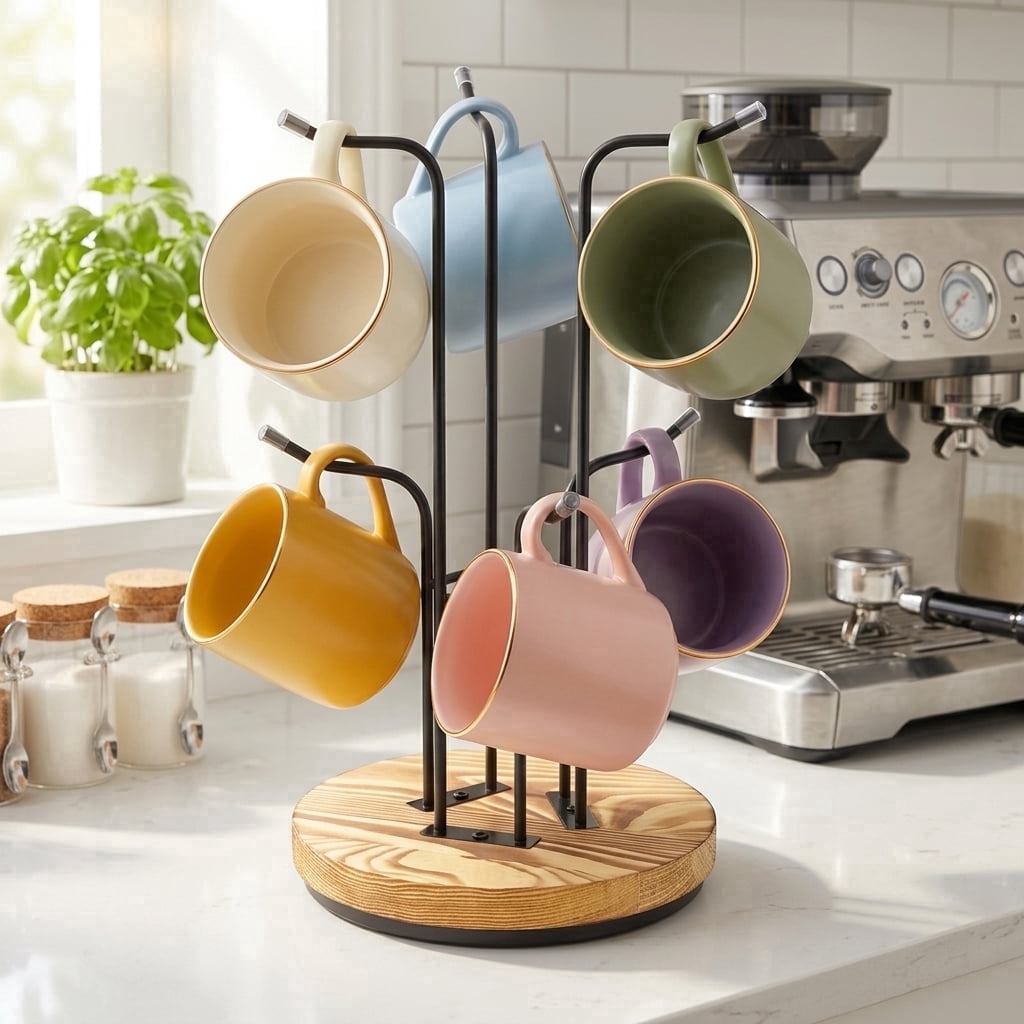 Lzvxtym 360?? Rotating Mug Tree,Coffee Mug Holder for Large Cups,Metal Coffee Cup Stand Rack with Heavy Wood Base,6 Hooks