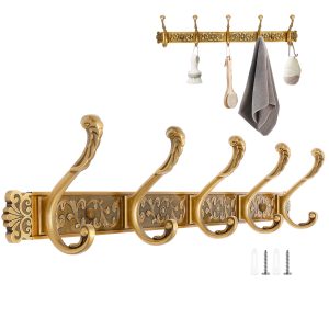 FUYGRCJ Vintage Coat Rack Wall Mount, 5 Hooks Decorative Aluminum Wall Coat Rack for Hanging Key Purse Hat Robe Towel Clothes, Unique Hanger Key Holder for Bathroom Entryway Antique Brass