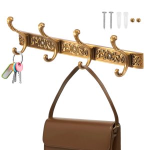 FUYGRCJ Vintage Coat Rack Wall Mount, Decorative Wall Coat Rack with 4 Hooks for Hanging Key Purse Hat Robe Towel Clothes, Unique Hanger for Bathroom Shower Entryway Antique Brass