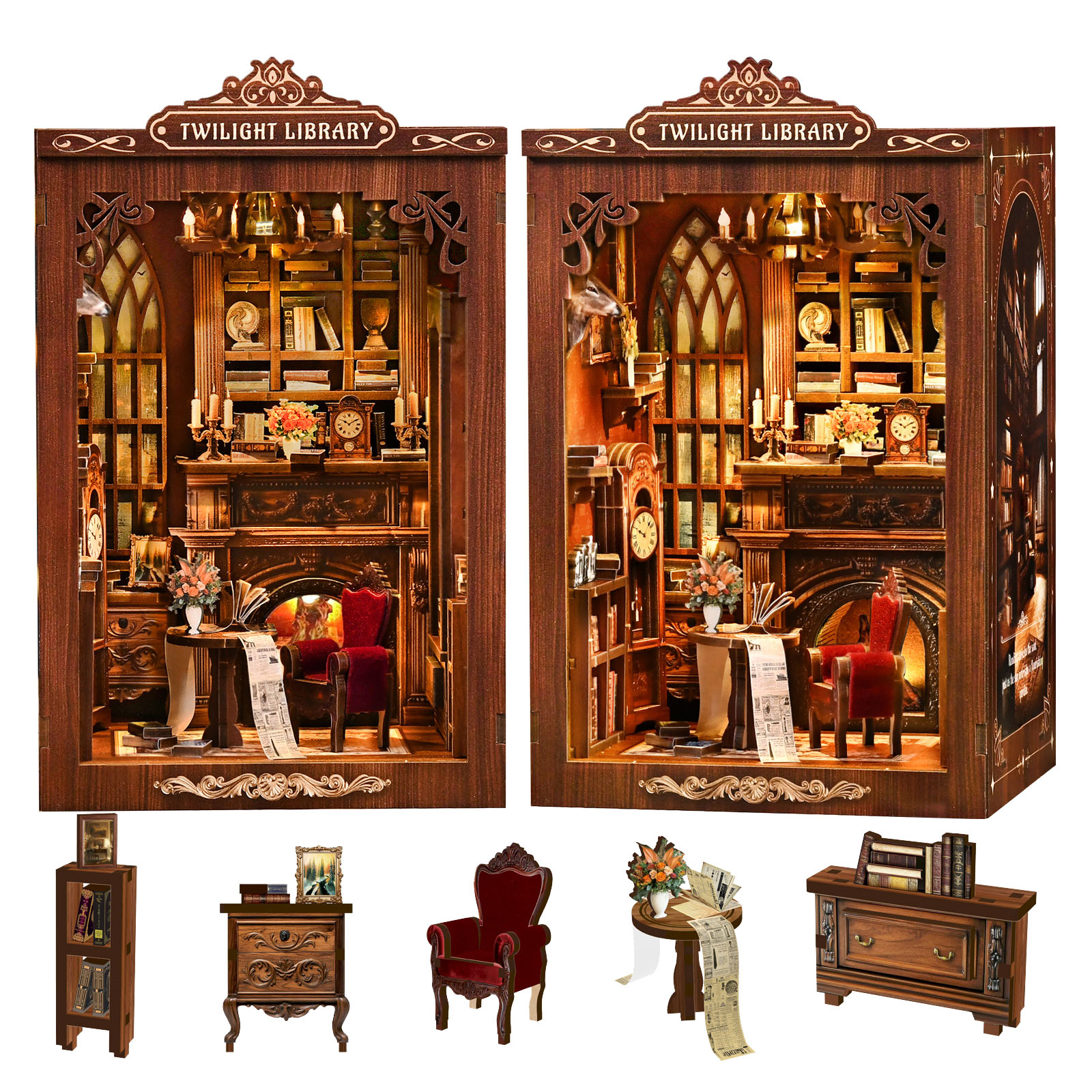 NUAHRHY DIY Book Nook Kit, 3D Miniature Dollhouse Kit with Furniture, Retro Booknook Wooden Puzzles, Fairy Tale Bookend Bookshelf Decor Insert with LED Light, Bookish Gift for Family, Friends