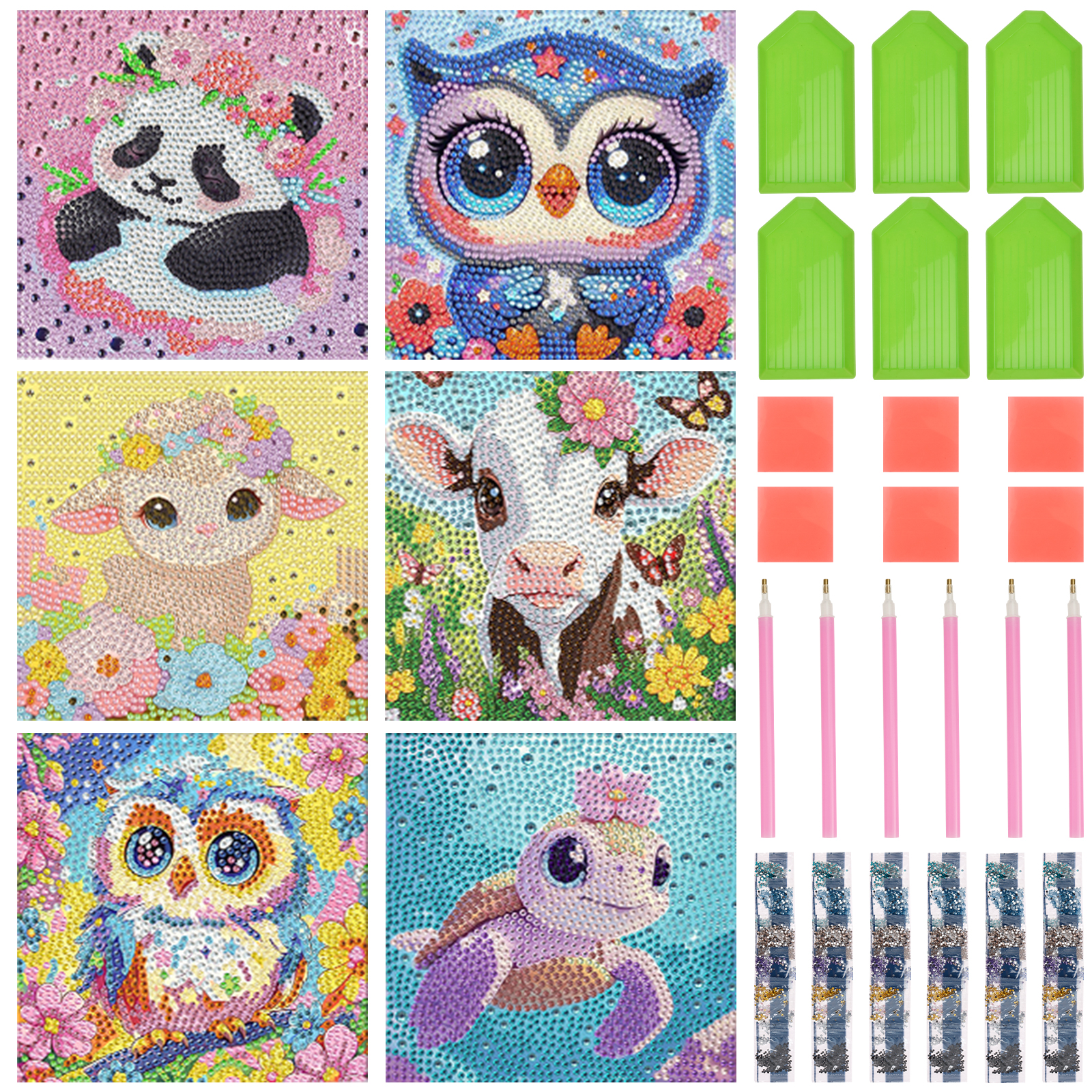Keyohome Diamond Art Kits for Kids,Diamond Painting Kits for Beginners,6 Pack Cartoon Animals Diamond Dot Art for Adults,Full Drill Big Gem Art for Home Decoration,6.7" x 6.7"