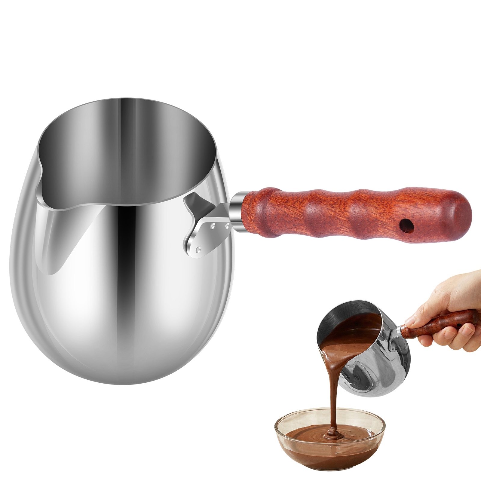 FUYGRCJ 20oz Stainless Steel Turkish Coffee Pot, 600ML Stovetop Melting Pot for Chocolate, Butter Warmer with Wooden Handle, Milk and Coffee Heater with Pour Spout